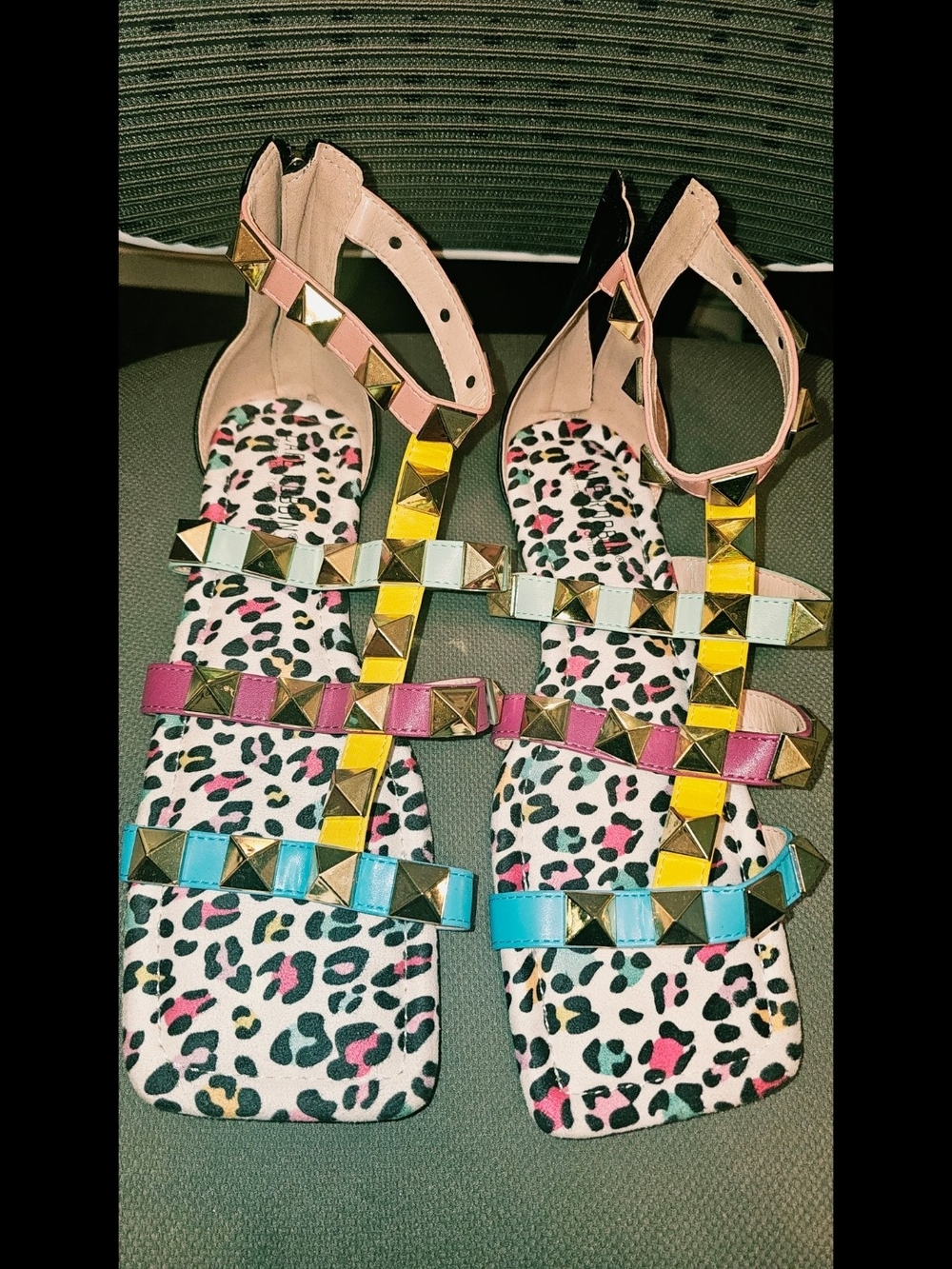 Studded Multicolor Leather T-Strap Sandals - Pink/Blue/Yellow By Cape Robbin